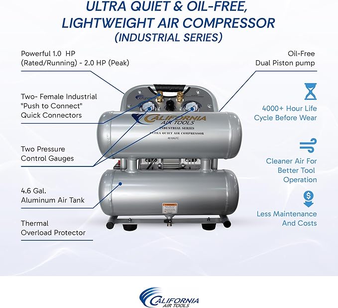 California Air Tools 4610ALFC 1.0 HP Ultra Quiet and Oil-Free Air Compressor, 4.6 Gallon Aluminum Twin Tank, 60 dBA Noise Level, Lightweight, Portable, Industrial Series, Silver