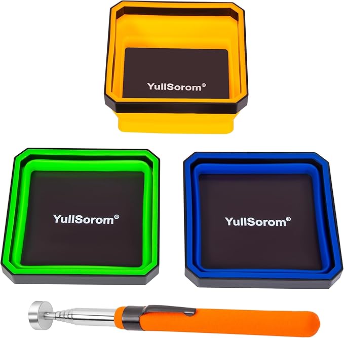 4.5” Collapsible Dual-Sided Magnetic Parts Tray Set 3-Pack for Screws Bolts Nuts Washers Pins with 1pc Magnetic Suction Rod