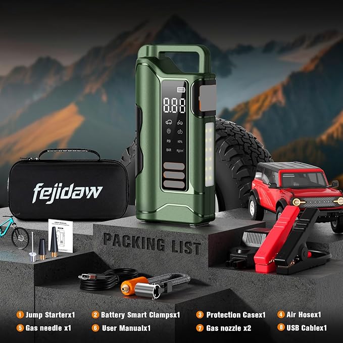 Jump Starter with Air Compressor,5000A Car Battery Jumper Starter, 16000mAh Battery Jumper Starter Portable for 10L Gas/Diesel Engine with 160PSI Booster,LED Display & Light,Jumper Cables