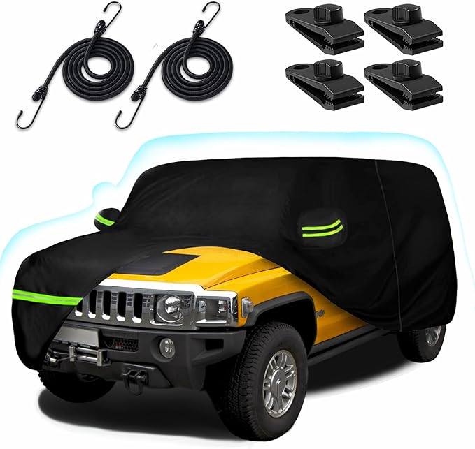 Car Cover for Hummer H3 SUV 2006-2010, 210T Waterproof Sun Rain UV Dust Snow Protection Outdoor H3 Full Car Cover with Windproof Gust Strap and Zipper Door-Black