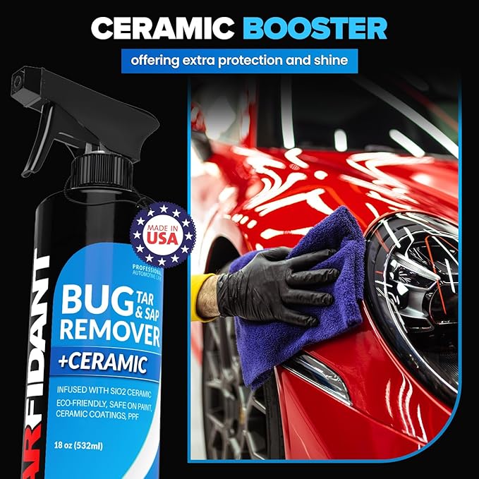 Carfidant Bug Remover for Cars Exterior - Car Bug Cleaner Spray with Ceramic Coating - Removes Bug Splatter & Bird Poop - Safe on Paint, Glass, Plastic, Metal - Windshield Pre Wash - 18 fl oz + Sponge