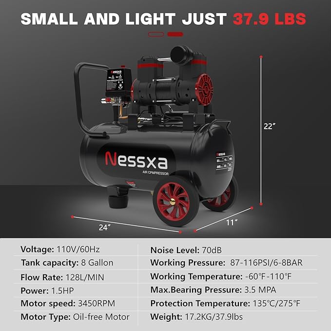 Nessxa 8 Gallon Ultra Quiet Air Compressor, 1.5HP 4.52 CFM, Max 115 PSI Oil-Free Air Compressor Tank, 110V/60hz, 70dB Air Compressor for Car Repair, Spray Painting, Woodwork Nailing