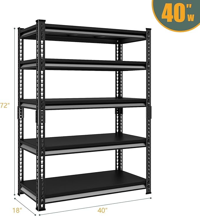5-Tier Garage Shelving Heavy Duty，40" Metal Shelving Unit for Garage, 2250 lbs Load Capacity Utility Rack Shelves＆ Garage Shelves, 40”W x 18”D x 72”H(Black)