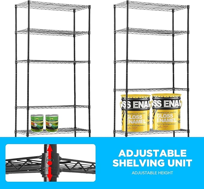 30" L×14" W×60" H Wire Shelving Unit Metal Shelf with 5 Tier Casters Adjustable Layer Rack Strong Steel for Restaurant Garage Pantry Kitchen Garage，Black