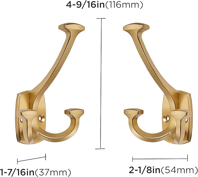 Large Wall Double-Sided Hook 5 Pack Brushed Gold Hook Decorative Heavy Duty Solid Large Coat Hooks for Towel Hanging Coats Robe Towel Bags Door Back 2 Prong Hooks