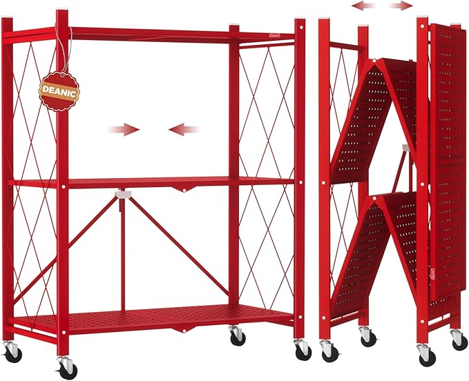 DEANIC 3 Tier Foldable Storage Shelves with Wheels, Kitchen Appliance Stand, Freestanding Metal Wire Shelf Rack, No Assembly Organizer Rolling Cart for Garage, Basement, Pantry(Red)