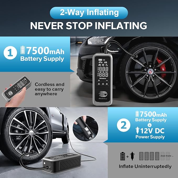 Portable Tire Inflator Air Compressor, 160 PSI Fast Inflation 34 L/Min, Cordless + 12V DC, 7500 mAh, Dual LCD Digital Gauge, Auto Shut-Off, LED Light — For Car, Motorcycle, Bicycle, Balls