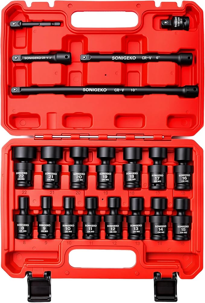 3/8" Drive Impact Swivel Sockets Set, 20 Piece, Metric Drive Impact Universal Joint, 6-Point, with Extension Bars, Socket Adapter, Drill Bit Adapter (Swivel Socket sets, 3/8",20pcs)