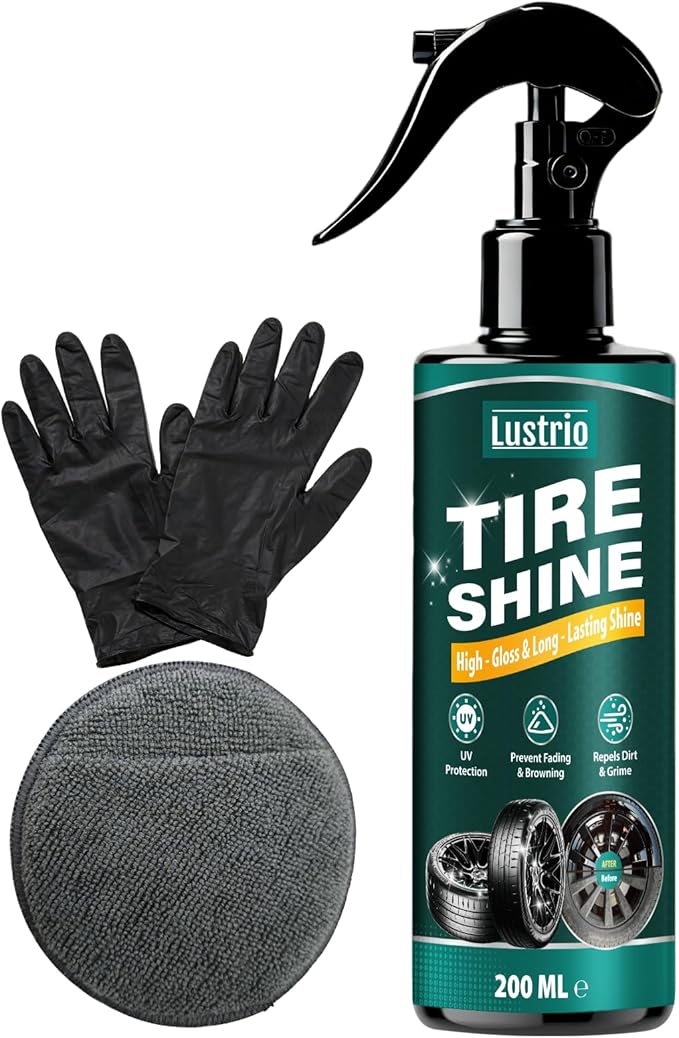 Tire Shine Spray – Heavy Duty Oil Based Tire Dressing with Applicator Sponge & Gloves – Long Lasting Wet Look Shine for Car Tires, Rubber Trims, Bumpers – Non Greasy Formula, Restores Black – 7oz