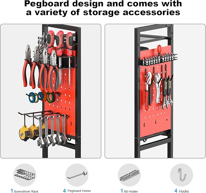 CCCEI Garage Power Tools Organizer Cart with Charging Station, Red Floor Standing Rolling Drill and Tools Battery Storage Cart on Wheels. Utility Rack Gift for Men, Husband, Father.