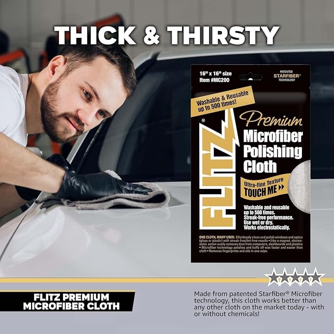 Flitz Premium Microfiber Polishing Cloth (400 GSM) - 16" x 16" USA-Made Grey Lint Free Microfiber Cleaning Cloth - Washable and Ultra Absorbent Micro Fiber Towel for Cars, Metals, & More (4 Pack)