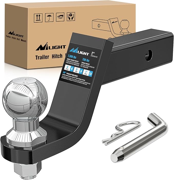 Nilight Trailer Hitch Ball Mount with 2-Inch Ball & 5/8" Hitch Pin Clip Fits 2-in Receiver 7500 lbs 4" Drop