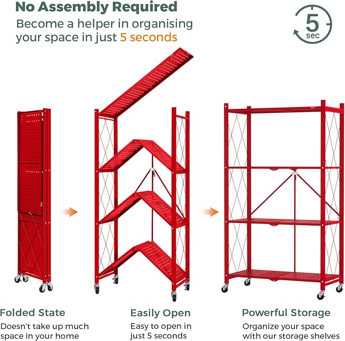 DEANIC 4 Tier Foldable Storage Shelves with Wheels, Large Capacity Shelving Unit, Freestanding Metal Wire Shelf Rack, No Assembly Organizer Rack for Garage Kitchen, Basement(Red)