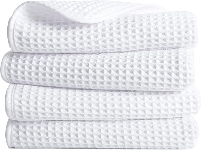 POLYTE 430 GSM Microfiber Lint Free Hand Towel, 16 x 30 in, 4 Pack (Waffle Weave)