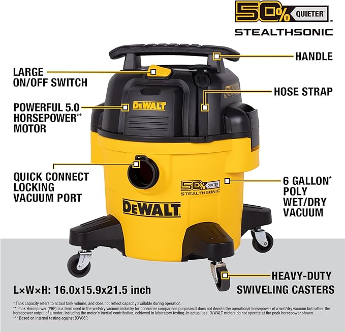 DEWALT 6 Gal Stealthsonic Shop Vacuum Wet and Dry, 5 Peak HP Poweful Suction Ultra-Quiet Vacuum Cleaner Bundle with 4PACK DXVA19-4101 Dust Bags - Ideal for Job Sites, Workshops & Garages