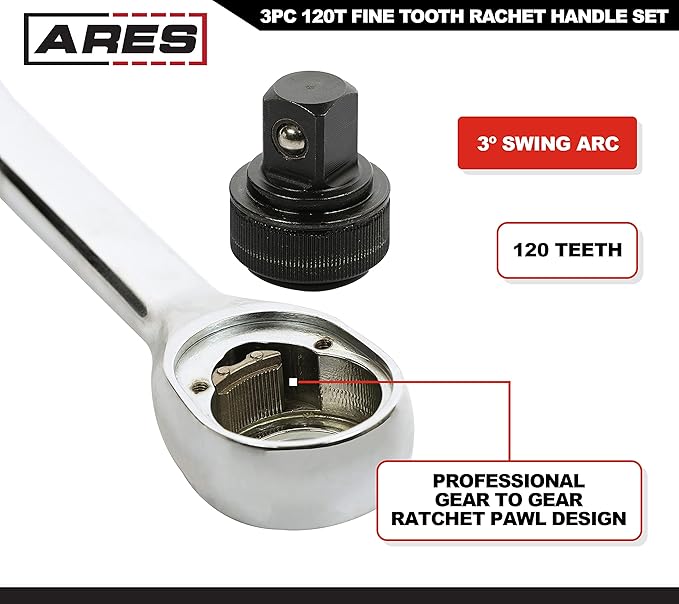 ARES 42067 – 120 Tooth Ratchet Set – 1/4-Inch, 3/8-Inch, and 1/2-Inch Drive - 3 Degree Swing Arc – Reversible Ratcheting Mechanism - Ergonomic Handle and Professional Gear Structure
