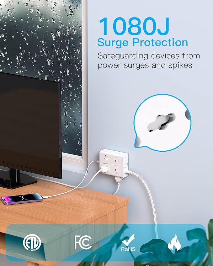 Surge Protector Power Strip 15 ft Cord, Flat Plug Extension Cord with 8 Outlets 4 USB Ports(2 USB C), 3 Side Wall Mount Outlet Extender, Long Extension Cord for Home Office Dorm Room Essentials