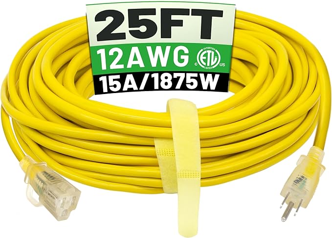 POWGRN 25 ft 12/3 Outdoor Extension Cord Waterproof Heavy Duty with Lighted Indicator End 12 Gauge 3 Prong, Flexible Cold-Resistant Long Power Cord Outside, 15Amp 1875W SJTW Yellow ETL Listed