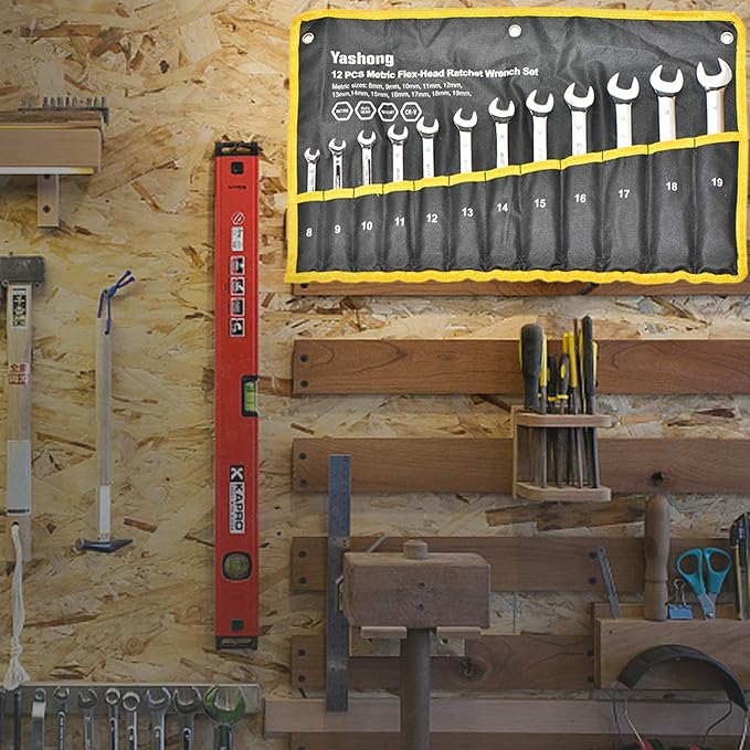 12-Piece 8-19mm Metric Flex-Head Ratcheting Wrench Set, Professional Chrome Vanadium Steel Ratchet Wrench, Combination Ended Span Kit with Portable Suspended Bag