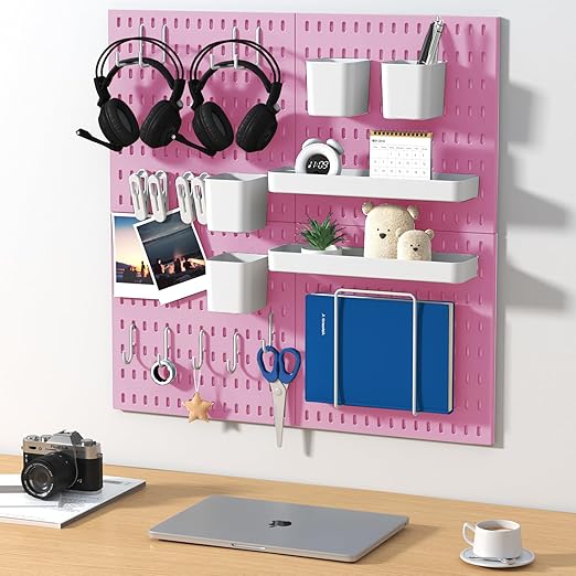 Peg Board Combination Kit, 4 Pegboards with 20 Accessories, Pegboard Wall Organizer for Office, Nursery & Home Storage, Key Holder, 25.6"x25.6" – Nail-Free Installation（Pink）