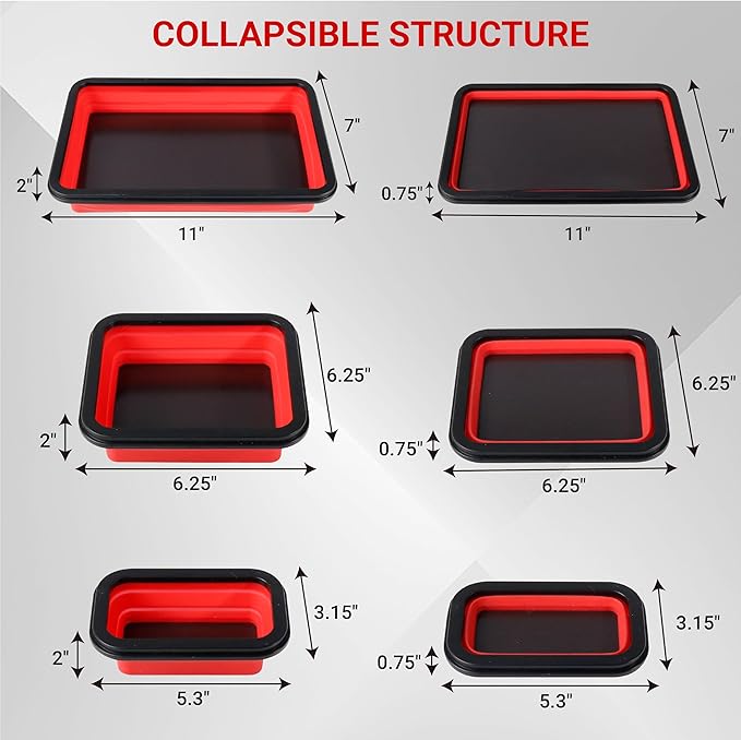 Collapsible Magnetic Parts Tray Set, Magnetic Tray for Mechanic's, 3 Different Size Tool Trays for Small Metal Parts, Cool Mechanic Tools, Cool Gifts for Mechanic (Red)
