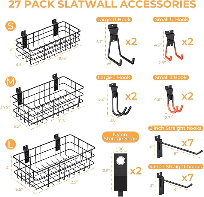 INCLY 27PCS Slatwall Accessories Kit, Includes 3 Pack Ventilated Metal Wire Slat Wall Baskets, Multisized Heavy Duty Slatwall Hooks and Storage Strap for Room Workshop Garage Organization