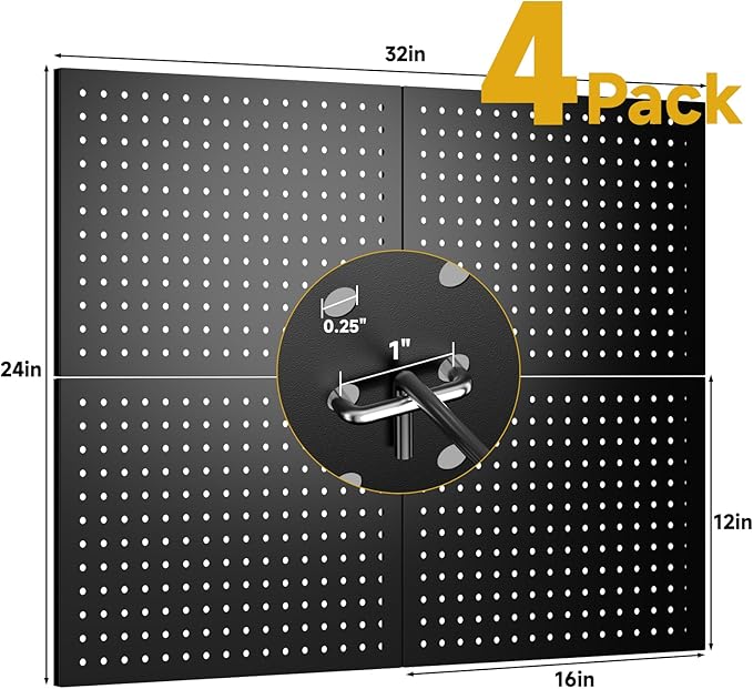 74PCS Pegboard Wall Organizer, 4 Pack Metal Pegboard Panels with 70 Hooks, 32" x 24" or 64" x 12" Black Peg Board for Walls, Garage, Craft Room, Cold-Rolled Steel