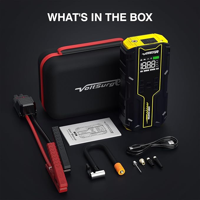 Car Jump Starter with Air Compressor, VoltSurge 6000A Peak 12V Battery Jumper Starter Portable Booster Pack, 150PSI Safe Jump Box with LED Light(Up to 10L Gas/8L Diesel Engine)