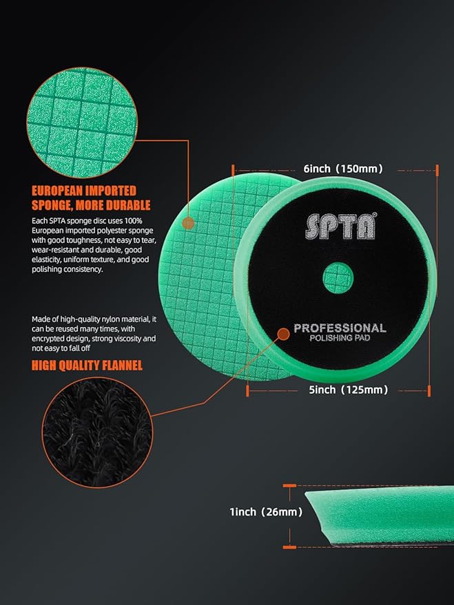 SPTA 10 Pcs Detailing Set, 5Pc 5 inch Buffing Polishing Pads, 1 Microfiber Finish Pad, 1-16 oz Polishing Cleaner, 1 Conditioning Brush, 2-16"*16" Microfiber Towel. for Dual Action and Rotary Polishers