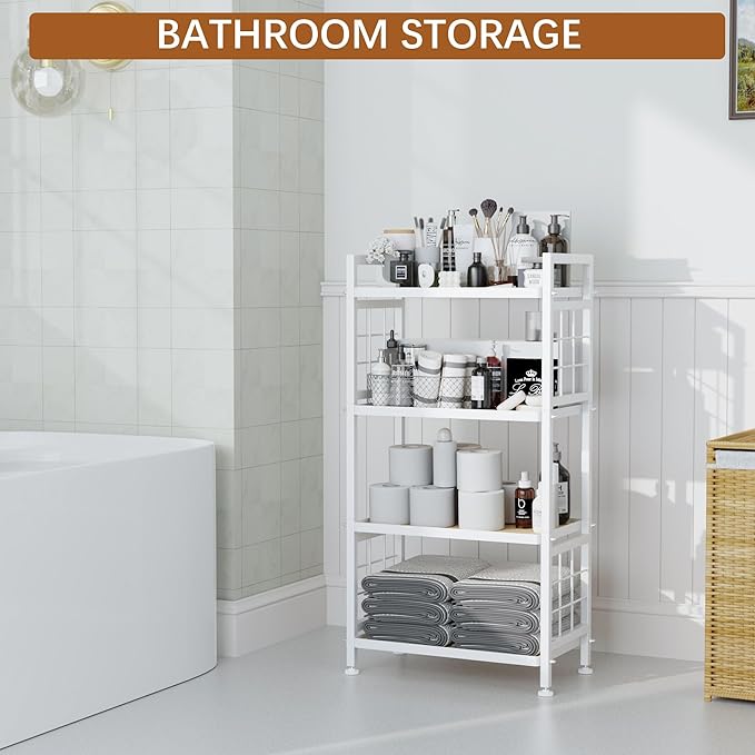GIOTORENT 4-Tier Pantry Shelves with Wooden Boards, Heavy Duty Storage Shelves & Book Shelf, Adjustable Metal Shelving Unit for Kitchen Bathroom Laundry Organizer, Sturdy Rust-Resistant, White