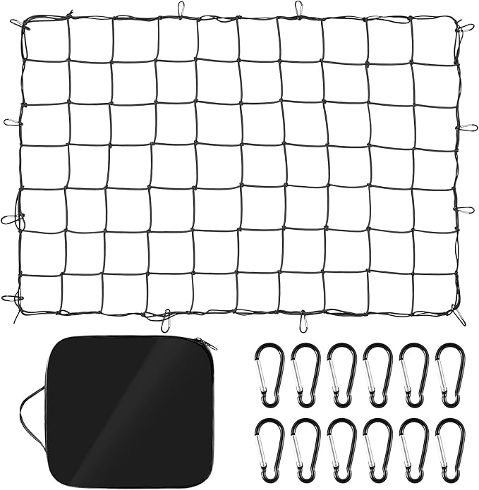 Cargo Net for Pickup Truck Bed, 2.6'x3.3' Stretches to 4'x6', High Elasticity 12 Carabiners & Storage Bag for SUV, Trailer & Boat