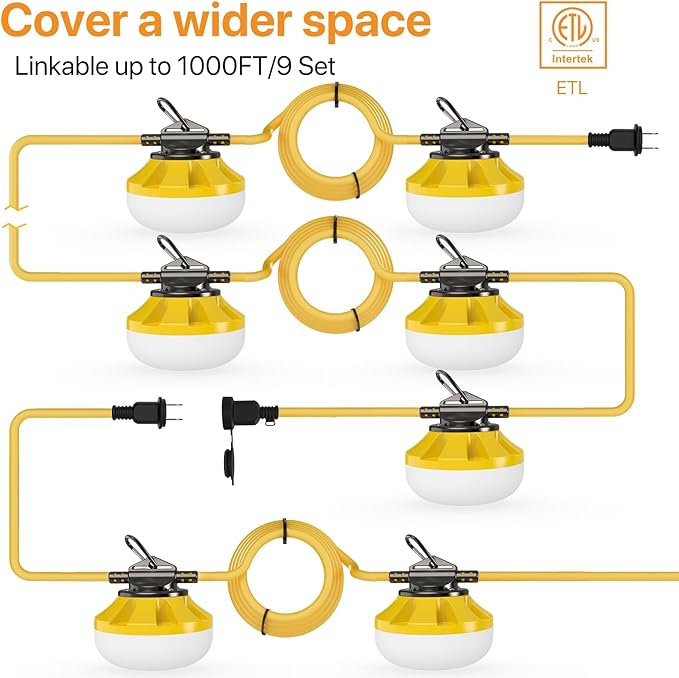 100FT Construction String Lights: 100W Led Construction String Lights with 10 Bulbs & Hooks, IP65 Attic Lighting 5000K Linkable Hanging Work Light for Crawlspace, Basement, Backyard