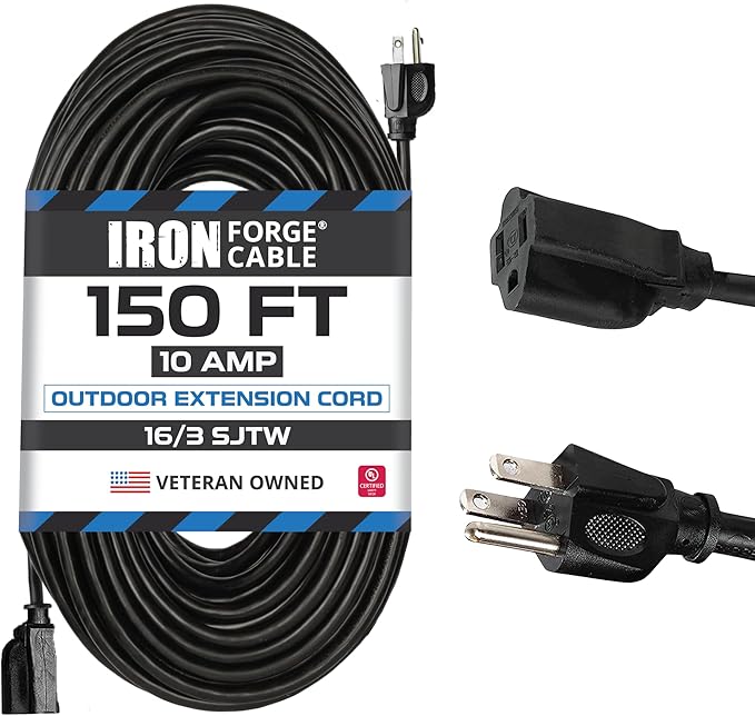 Iron Forge Cable 150 Ft Black Extension Cord, 16/3, 150 Foot Extension Cord, 3 Prong, Weatherproof - Great for Outside Use