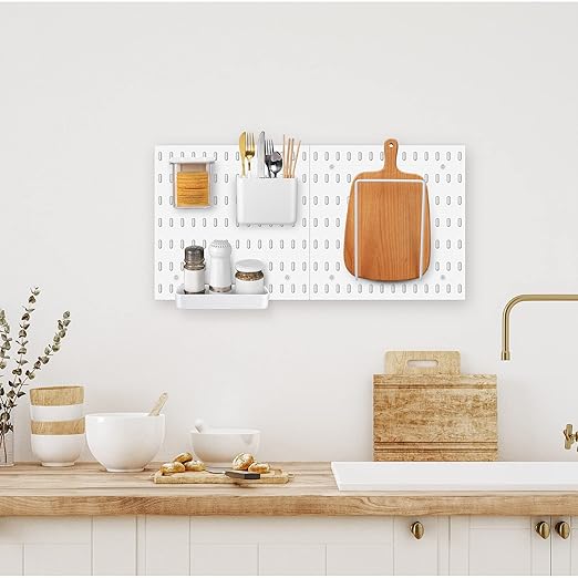 Unittype 17 Pcs Peg Board Combination Kit, 6 Plastic Wall Pegboard with 11 Accessories, 33" x 22" Desk Pegboard Organizer with Shelf Hook for Office, Kitchen, Gaming, Garage, Craft Room(White)