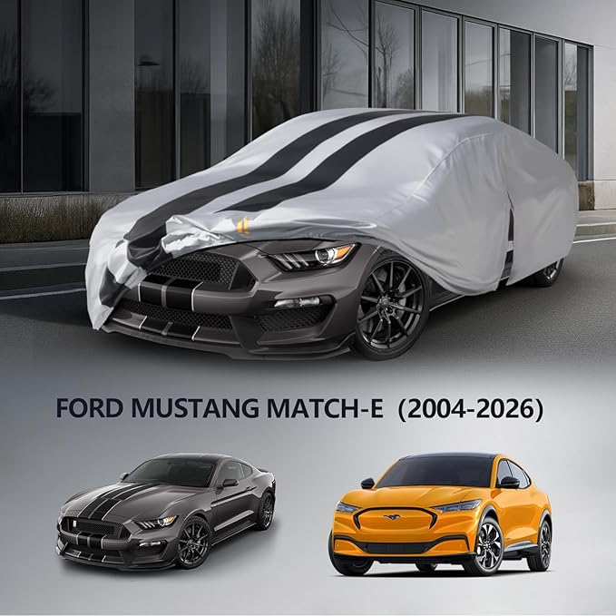 Multi-Layer Car Cover Custom Fit for Ford Mustang(Mach-E)(1993-2026), 100% Waterproof All Weather for Automobiles, Gift with Towel, Heavy Duty Car Covers for Rain Sun UV Protection with Door Zipper.
