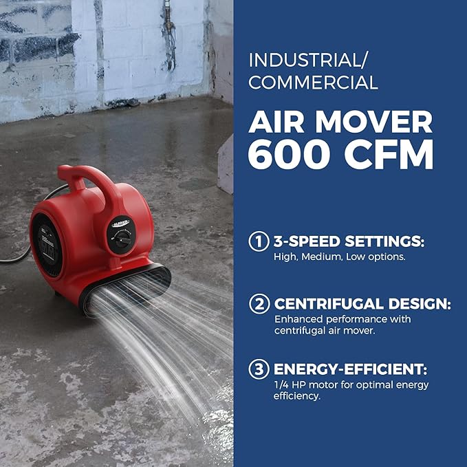 ALORAIR 600 CFM Air Mover Blower Fan for Industrial, Workshop, and Home Use - 3 Speeds, 5 Adjustable Angles and Daisy Chain - Ideal for Water Damage Restoration and Plumbing - GF600A Red