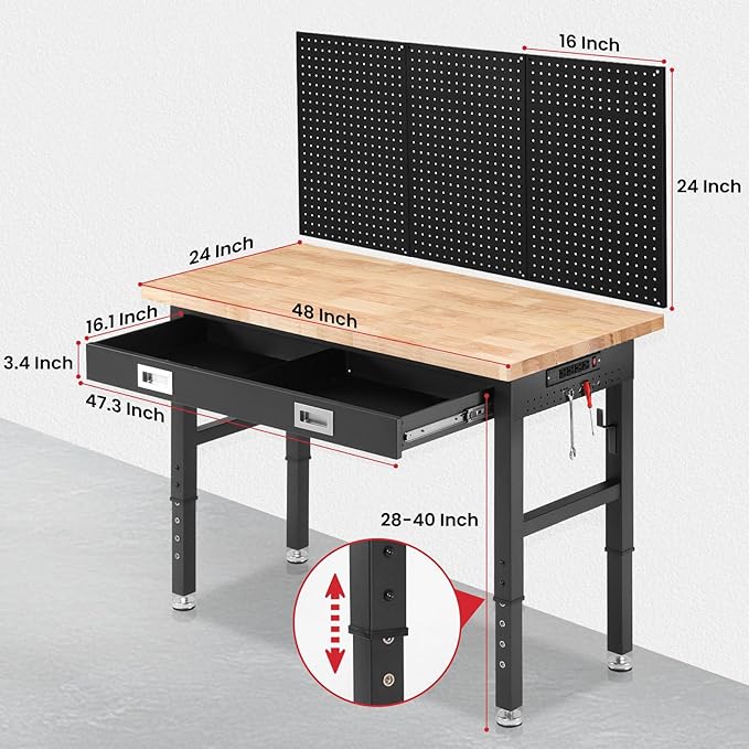 ENJOYWOOD 48" x 24" Garage Workbench Adjustable Height Work Table with Drawers, Pegboard and Power Outlets Heavy Duty Rubberwood Top Work Bench for Workshop & Home