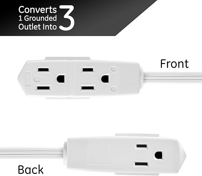 GE 3-Outlet Flat Extension Cord 8 Ft Grounded Extension Cord with Multiple Outlets 3 Prong Outlet Extender Flat Plug Power Strip Indoor 16 Gauge UL Listed 2 Pack White 57366