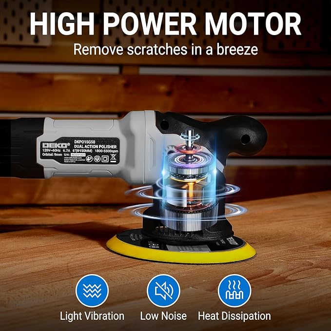Car Buffer Polisher: 6 Inch Dual Action Orbital Buffer Polisher, 7 amp, 6 Variable Speed 1800-5500 RPM Random Polisher Kit with 4 Buffing Pads for Car Detailing Polishing Waxing DEKOPRO(Gray)
