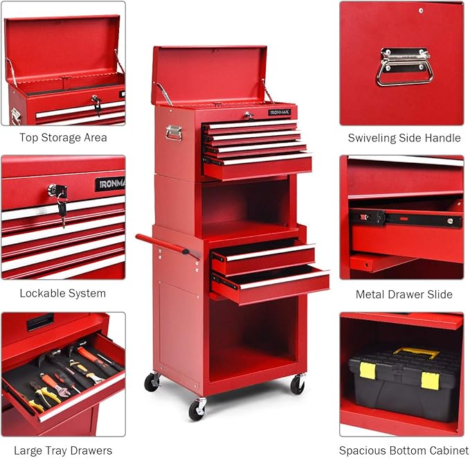 Goplus Tool Chest, 3-in-1 Rolling 6 Drawers Tool Cabinet with Detachable Top Toolbox, Middle Tool Storage, Universal Lockable Wheels, Protective Liner, Auto Lock, Metal Tool Box for Garage Workshop