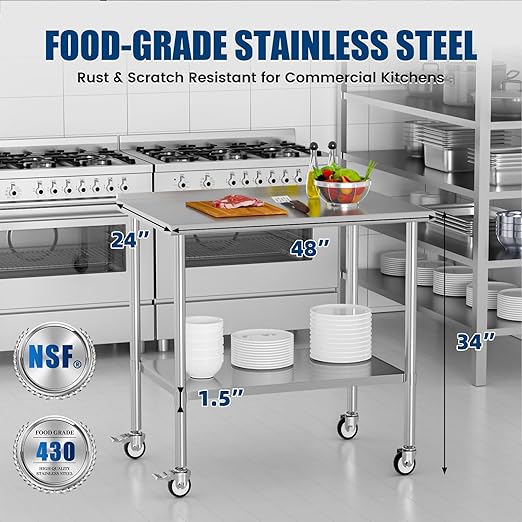 Stainless Steel Work Table with Wheels, 24x48 Inch NSF Food Prep Table with Backsplash & Adjustable Undershelf for Commercial Kitchen, Restaurant, Garage