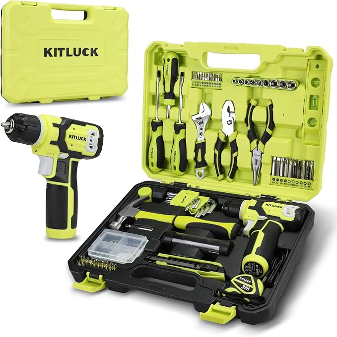 KITLUCK Power Drill Set, 180Pcs Home Hand Tool Kit with 8V Drill, Portable Tool box Kit with Screwdriver, Plier, Wrench, Socket, Harmer, Household Cordless Drill Set for Men Women Home