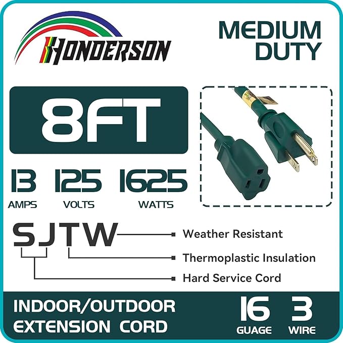 8FT Outdoor Extension Cord-16/3 SJTW Durable Green Extension Cable with 3 Prong Grounded Plug for Safety,Great for Outside Christmas Decorations