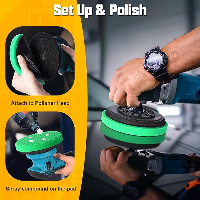 Buffing Polishing Pad, 3Pcs 5 Inch Green T120 Heavy Cut Buffing Pads, Premium Buffing Sponge Pads for Car Buffer Polisher Compounding, Polishing, Waxing Pads