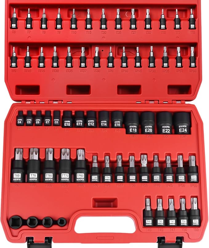 Torx Bit Socket and External Socket Set, S2 and Cr-V Steel, Master Impact Torque Output Complete Kit 64 Pieces