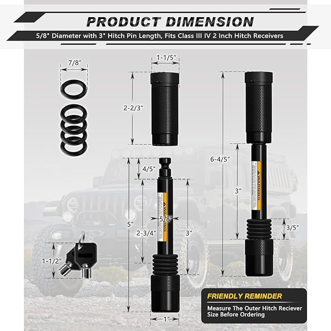 AUTMATCH Trailer Hitch Lock 5/8" - 3" Extra Long Span & Anti-Theft Hitch Locking Pin, Fits Class III IV 2" Receivers, Heavy Duty Towing Lock Pin for Jeep, Trailer, Truck, RV, Bike Rack, Black