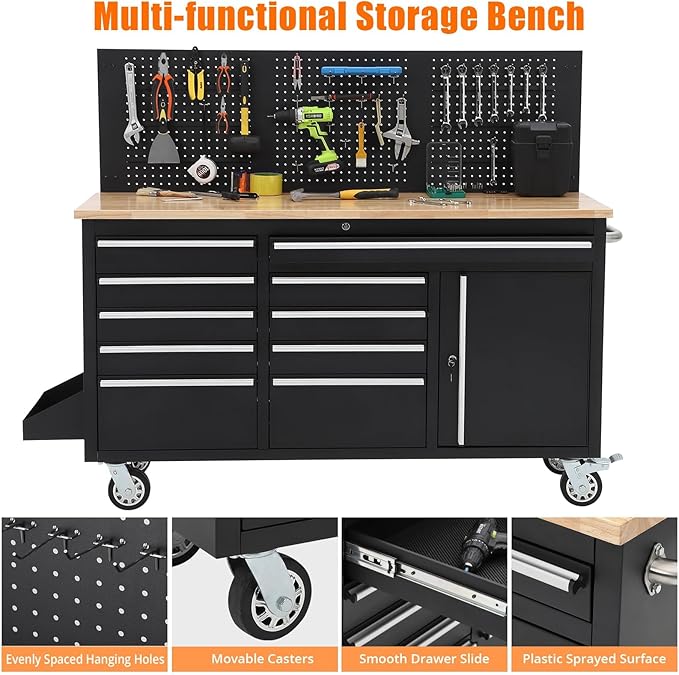 61-Inch Heavy Duty Rolling Tool Chest with 10 Drawers and Solid Rubber Wood Top Mobile Workstation, 1675 LBS Load, Includes Power Strip, Locking System, Drawer Liners for Garage Warehouse Repair Shop