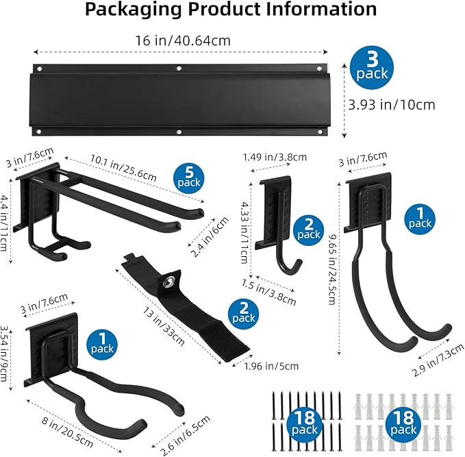Sinoer Heavy Duty Steel Garage Wall Mount Garden Tool Organizer with 9 Adjustable Metal Hooks and 2 Straps, for Garden Tools, Chairs, Brooms, Mops, Rakes, Shovel