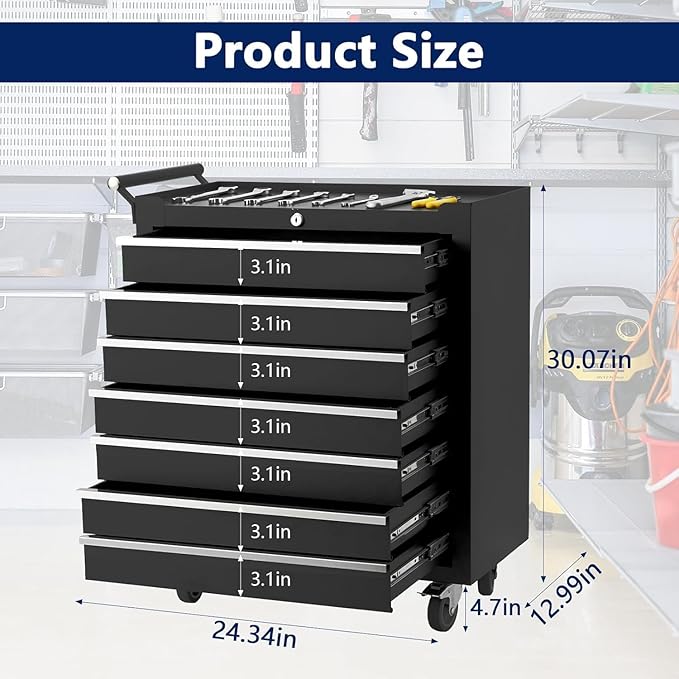 IDEALHOUSE Rolling Tool Chest, 7 Drawers Tool Storage Cabinet, Toolbox with Wheels, Portable Tool Cabinet Organizer with Locking System & Drawer Liners, Tool Storage Cart for Garage, Workshop, Black