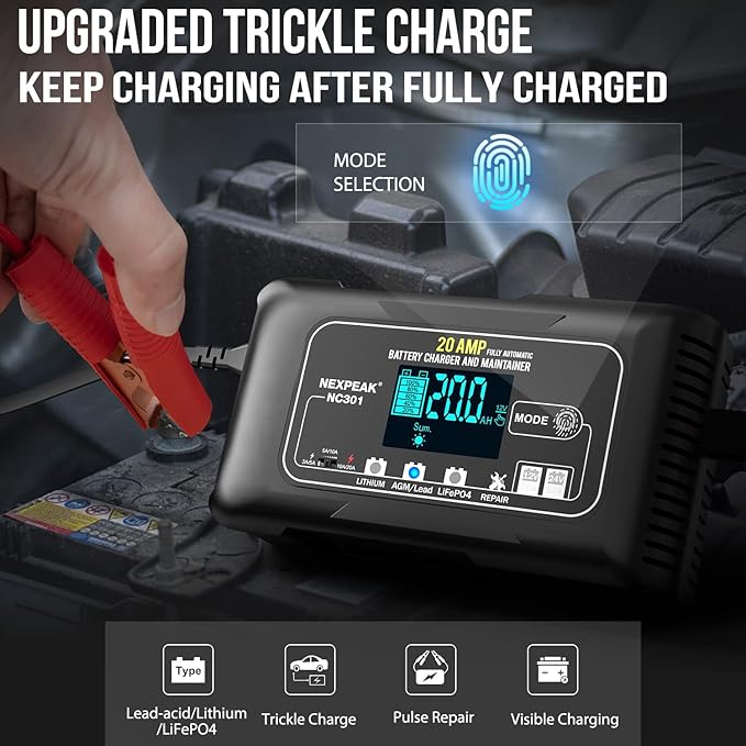 NEXPEAK NC301 20-Amp Car Battery Charger, 12V and 24V Smart Fully Automatic LiFePO4 Battery Charger Maintainer Trickle Charger w/Temp Compensation for Car Truck Boat Lead Acid Batteries